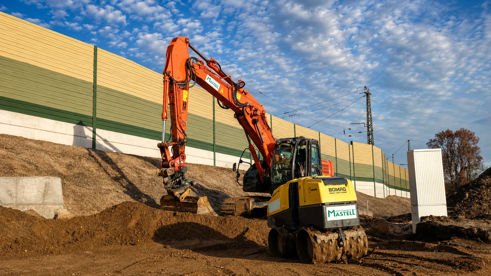 Bagger und Walze auf einer Großbaustelle